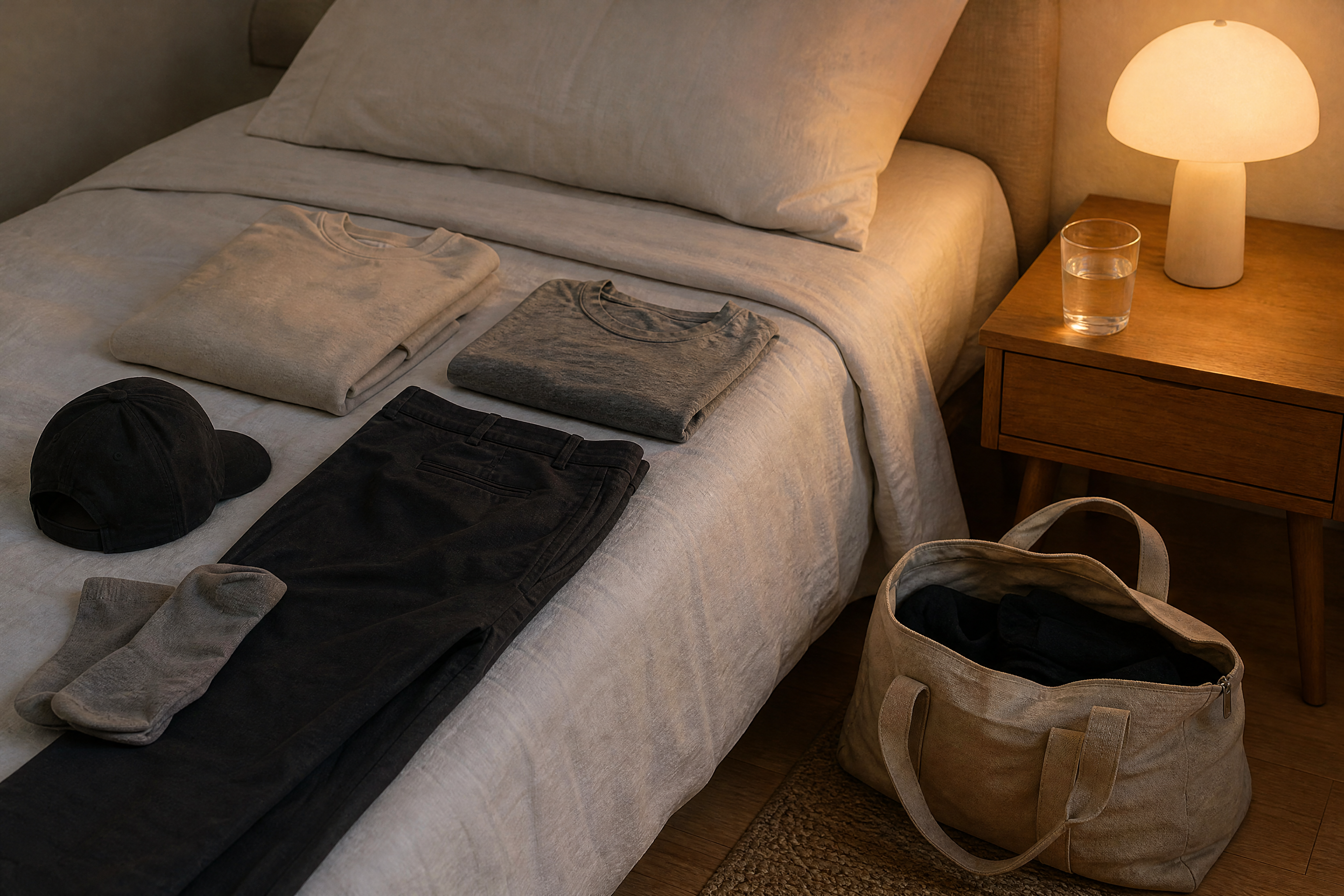 Clothes laid out on a made bed and a packed bag, the evening before an early start