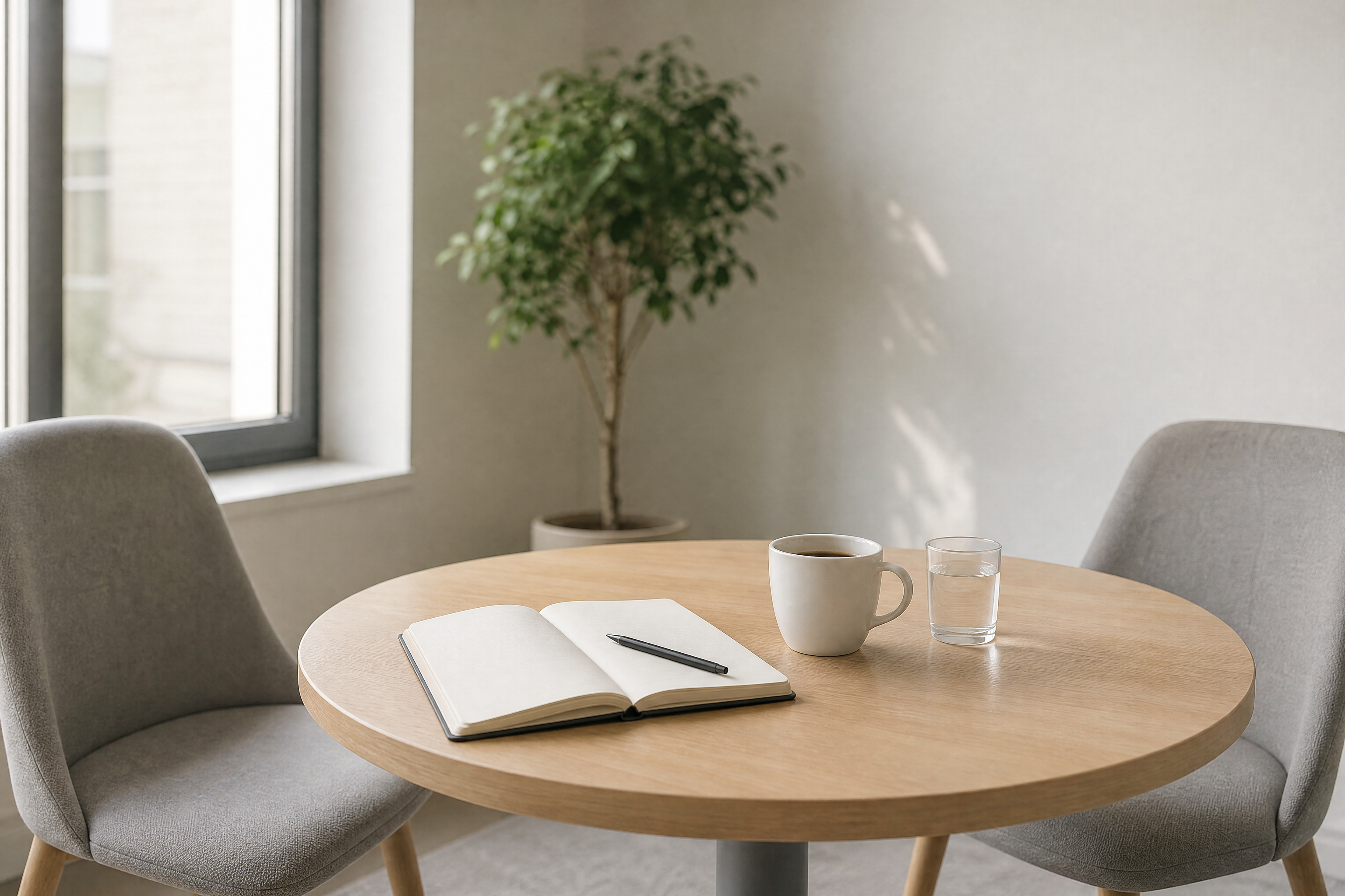 Two chairs at a small table in a bright room, an open notebook and a coffee cup