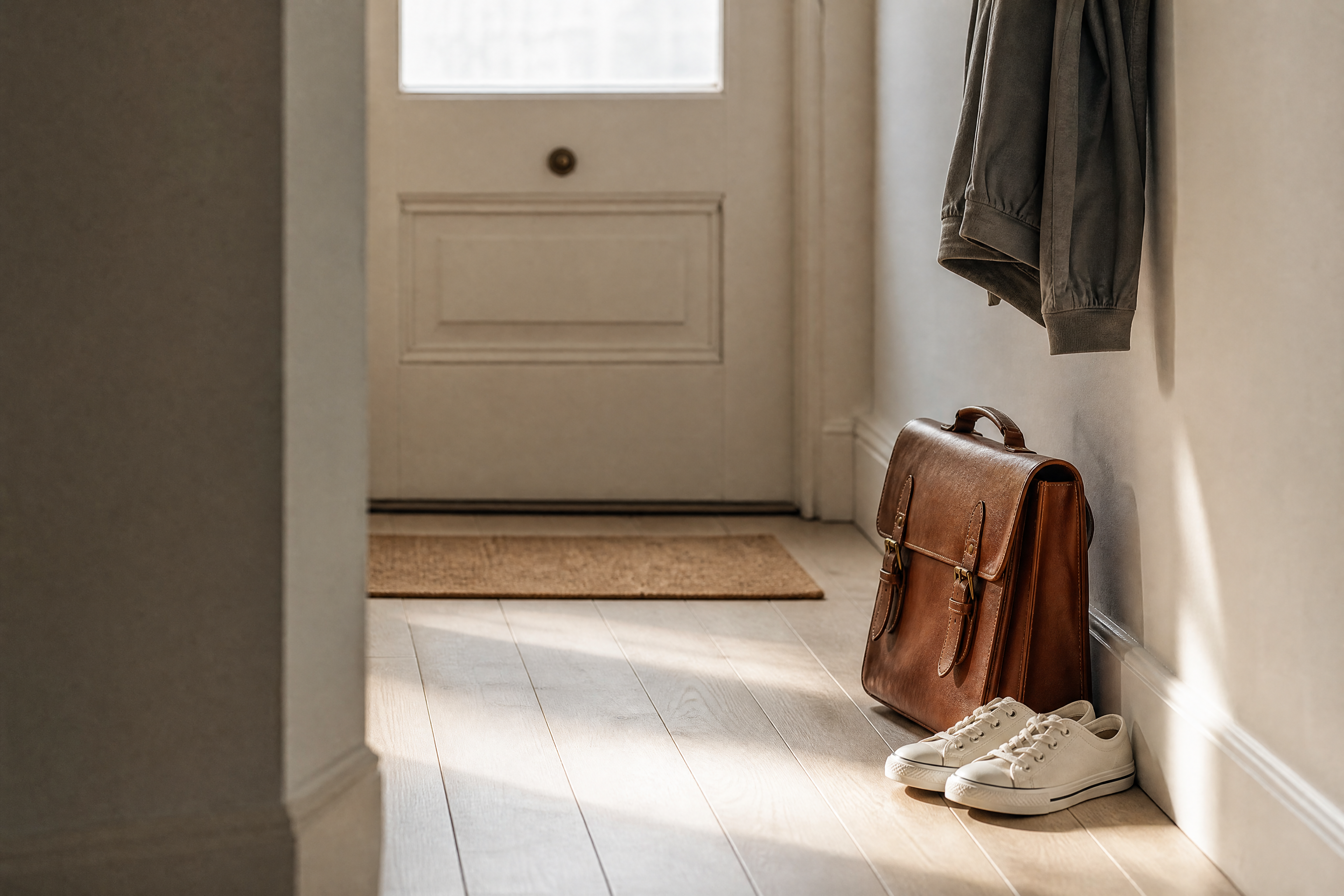 A school satchel and new sneakers by an apartment front door in morning light