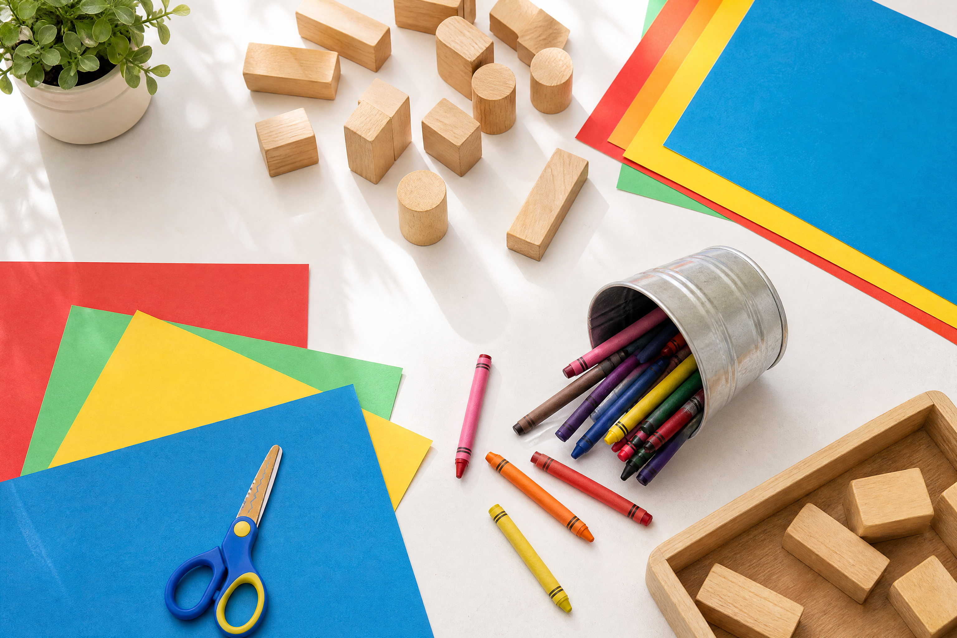 A young child's craft table with coloured paper, crayons and wooden blocks