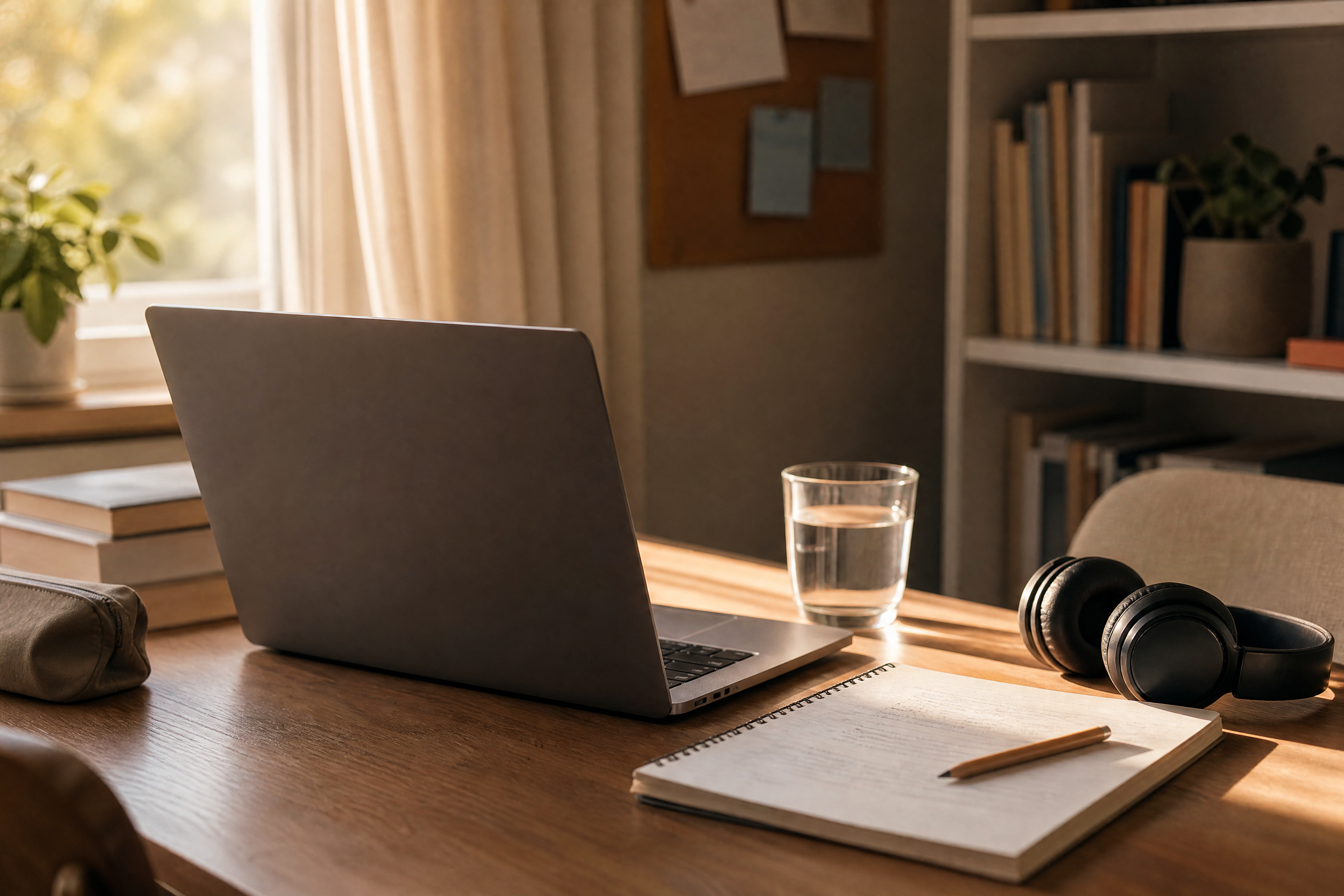 A student's desk in afternoon light with a laptop, a notebook and headphones