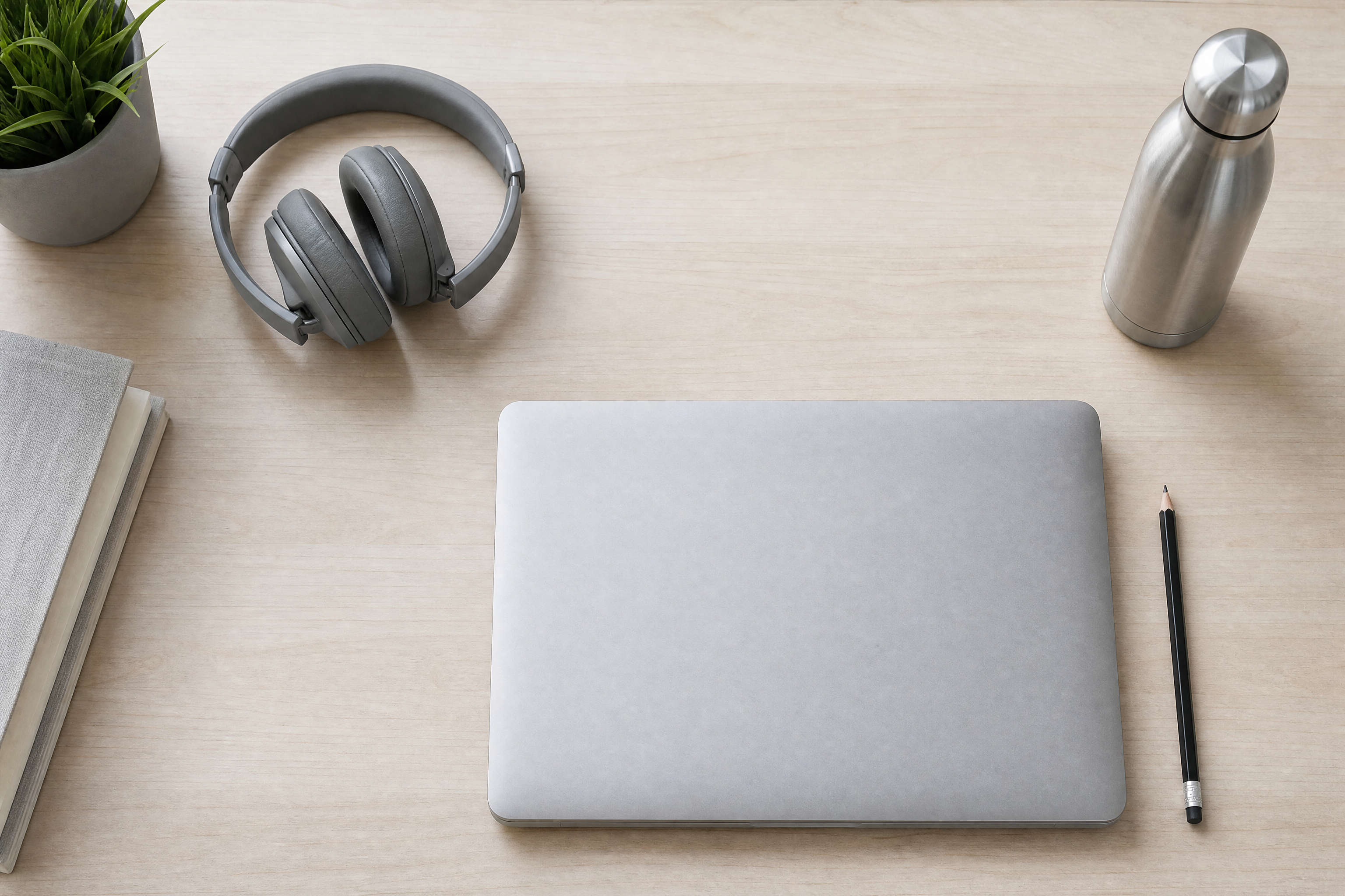 A clean study desk seen from above with a closed laptop, a pencil and headphones