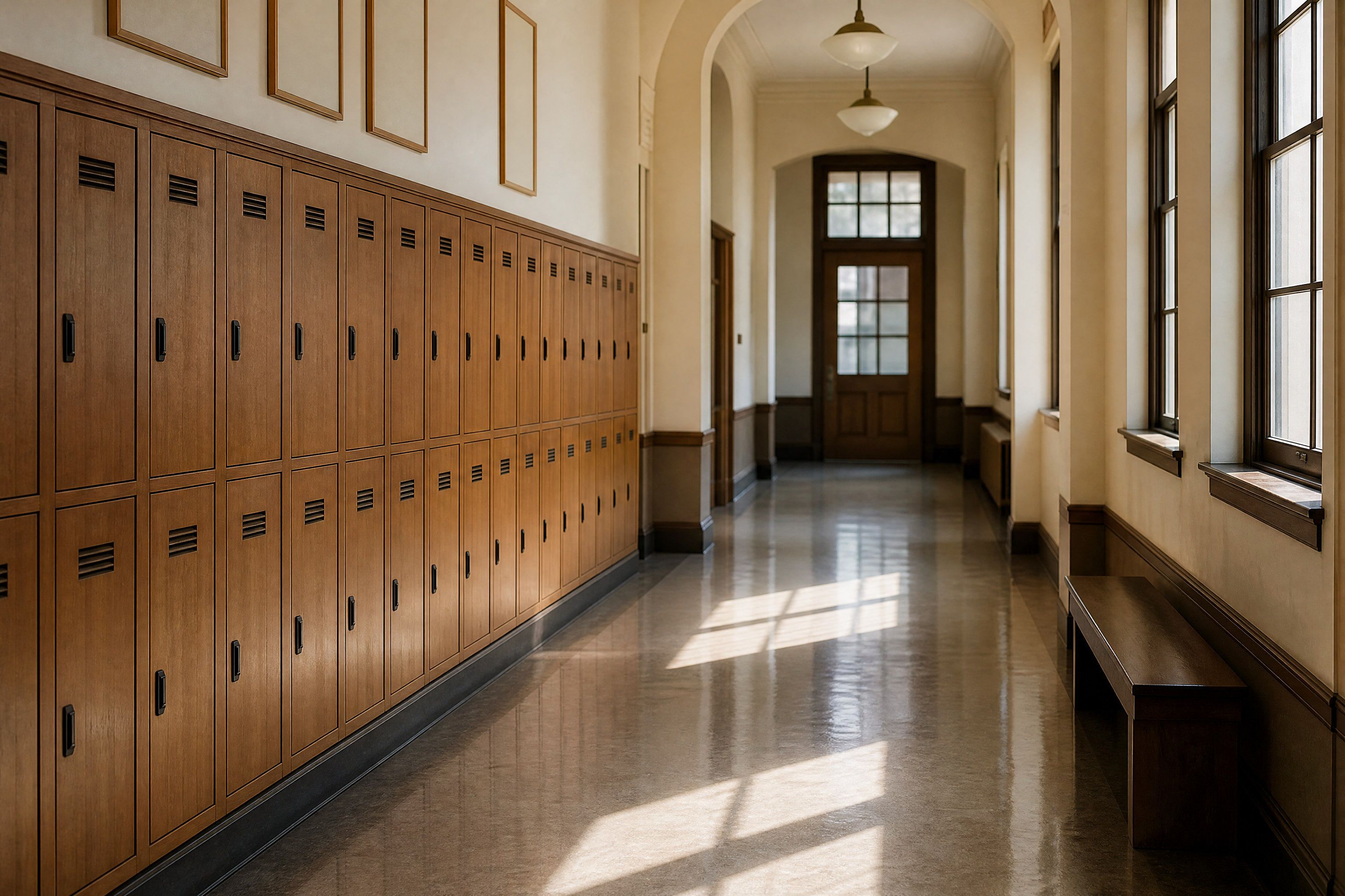 An empty private school corridor with wooden lockers and tall windows