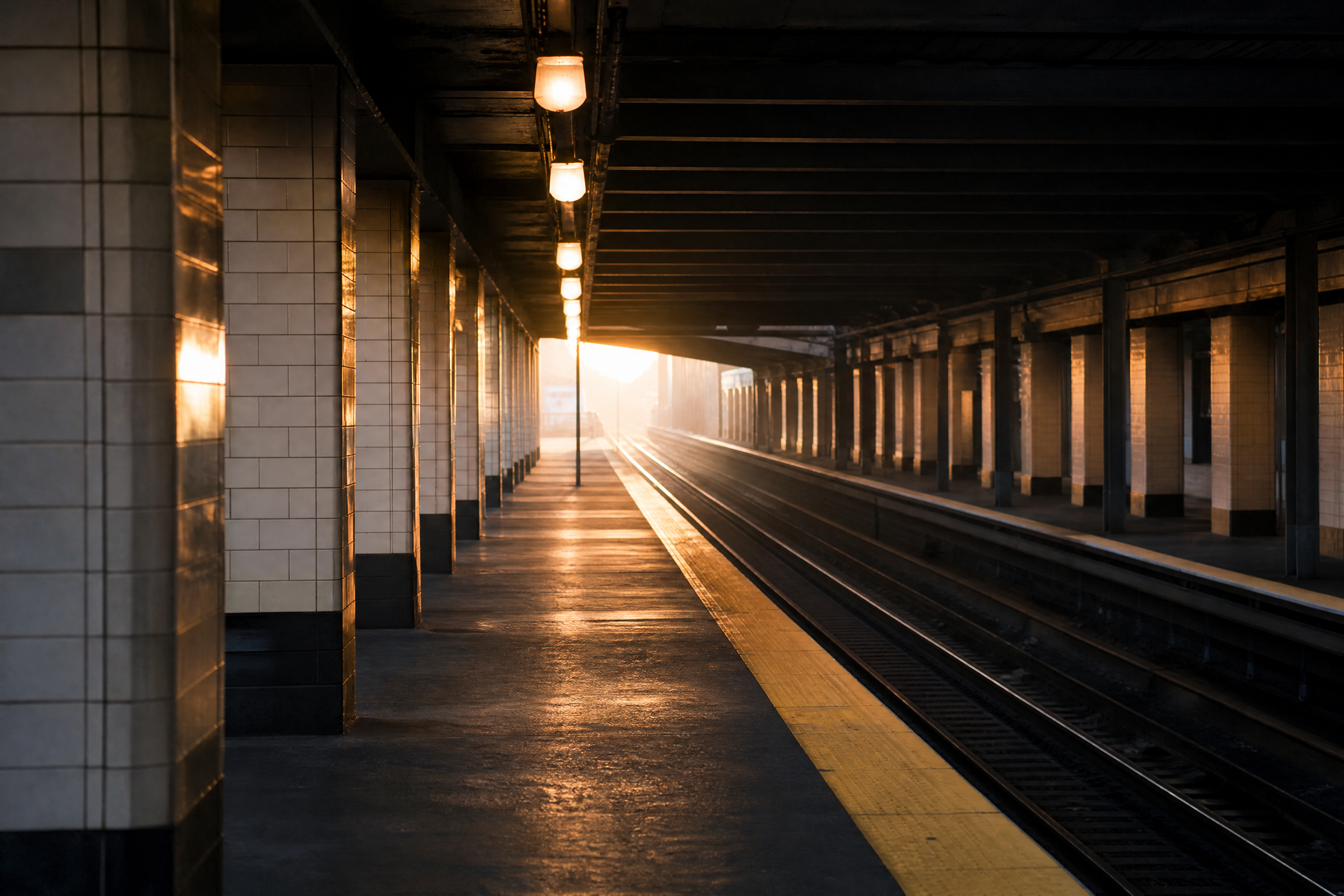 An empty New York subway platform at dawn
